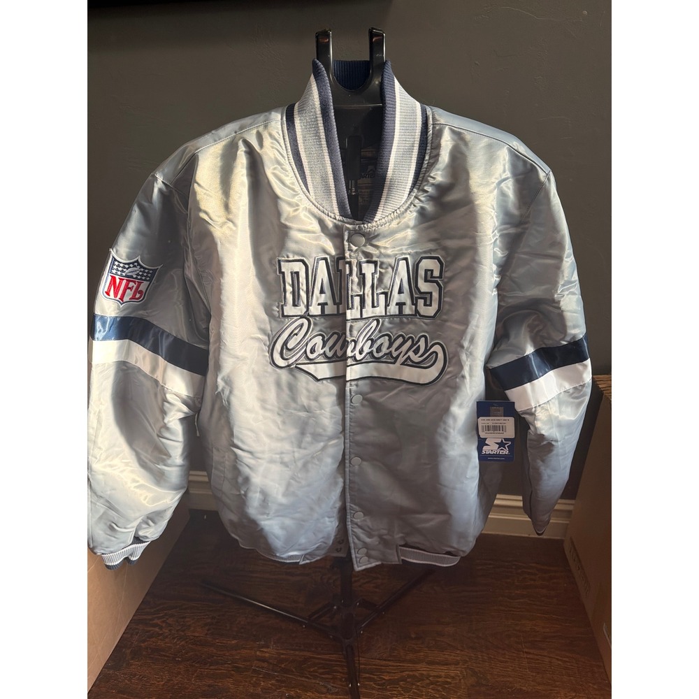 Starter Dallas Cowboys Home Game Satin Varsity Jacket Silver Gray 2XL NFL New